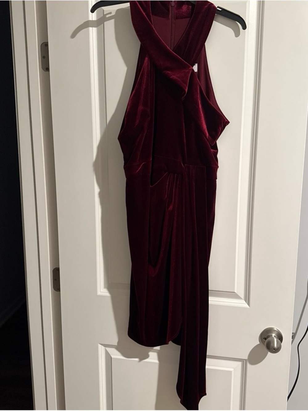 Badgley Mischka Asymmetrical Velvet Dress in Burgundy